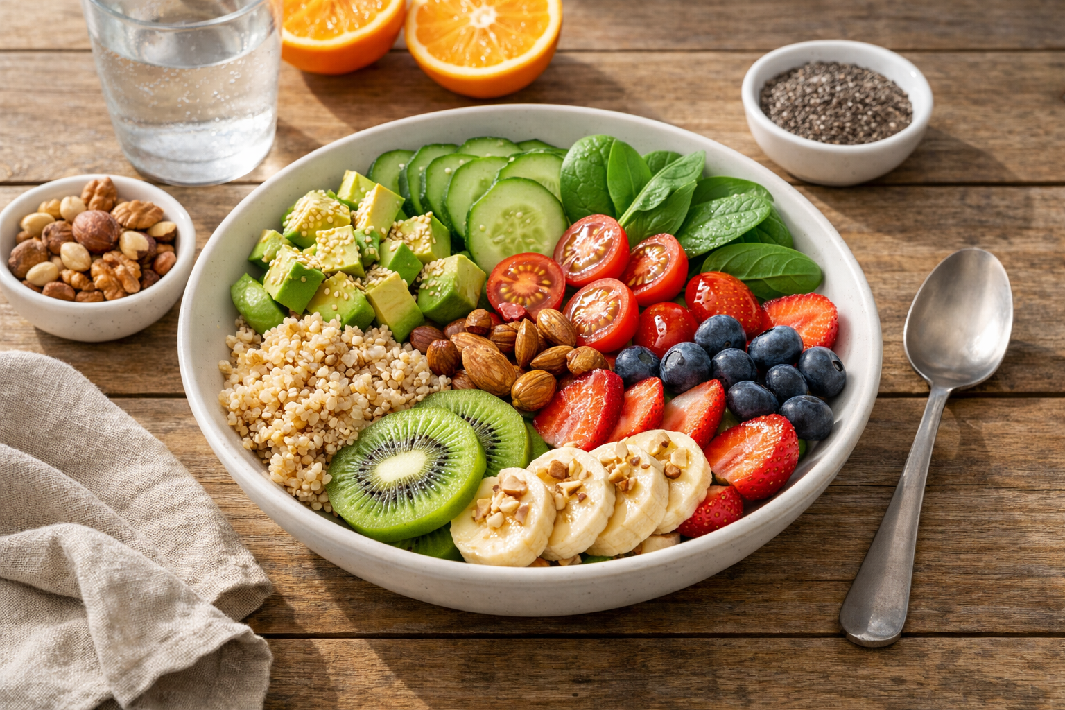 healthy breakfast bowl with fresh vegetables, fruits, whole grains and nuts on wooden table, natural morning light, clean minimal food photography