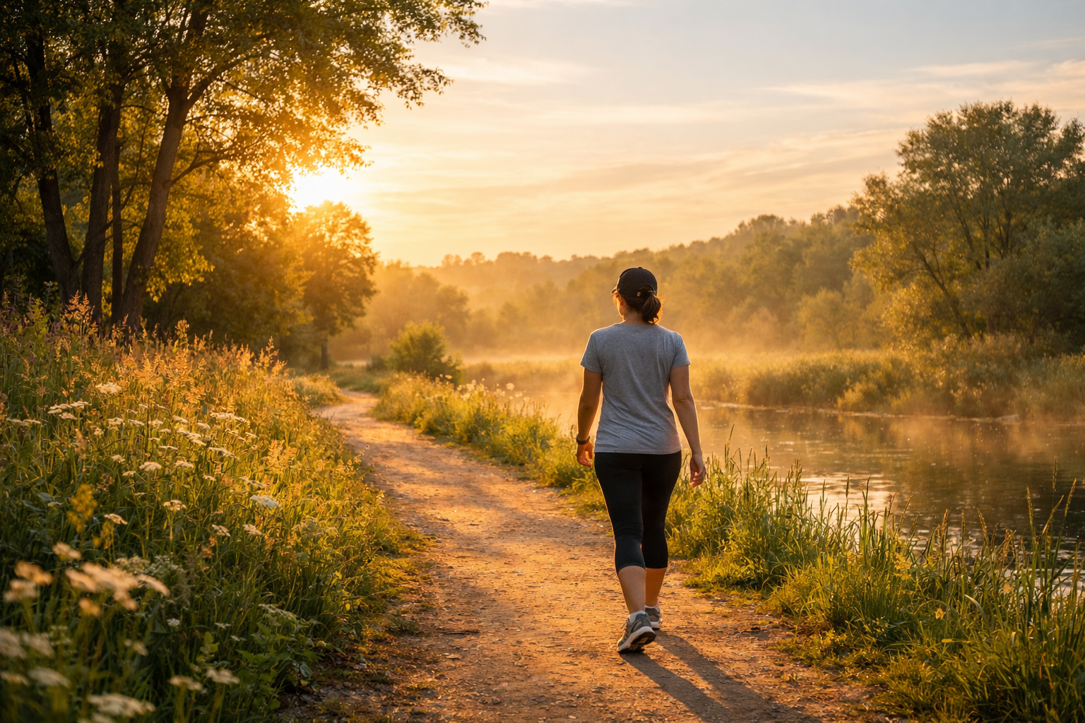 person walking in nature park during golden hour, peaceful outdoor exercise, healthy lifestyle concept, soft natural lighting